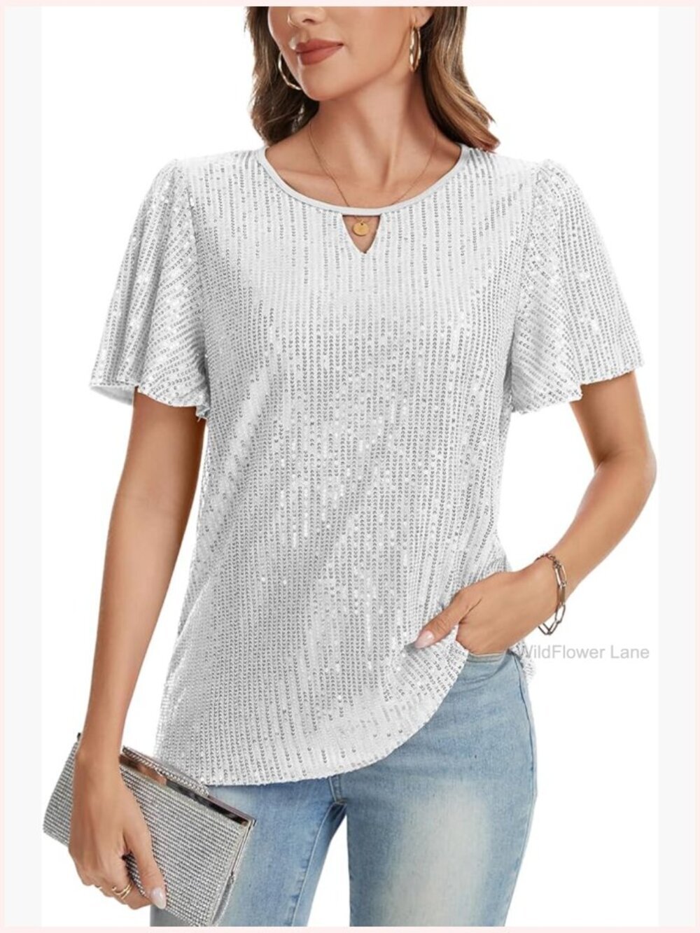 Sequin Tunic Top Blouse Crew Neck Ruffle Short Sleeve Sparkly Party Shirt